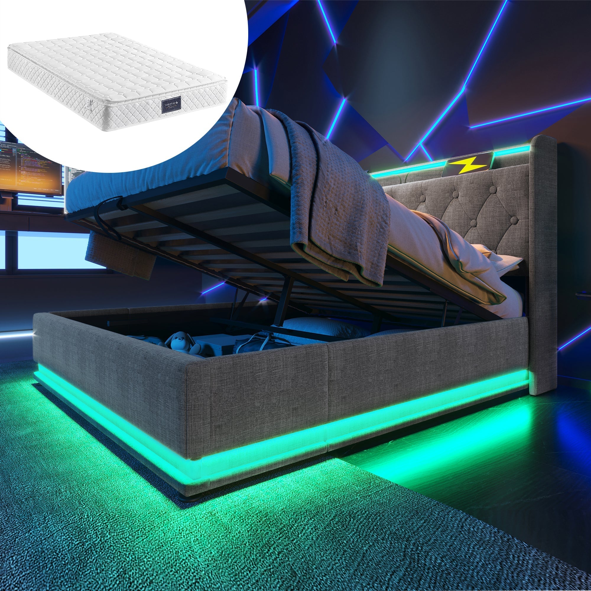 Upholstered Bed, Double, 360-Surround LED, Hydraulic Storage, USB Type-C Charging, 140x200 cm, Gray Linen