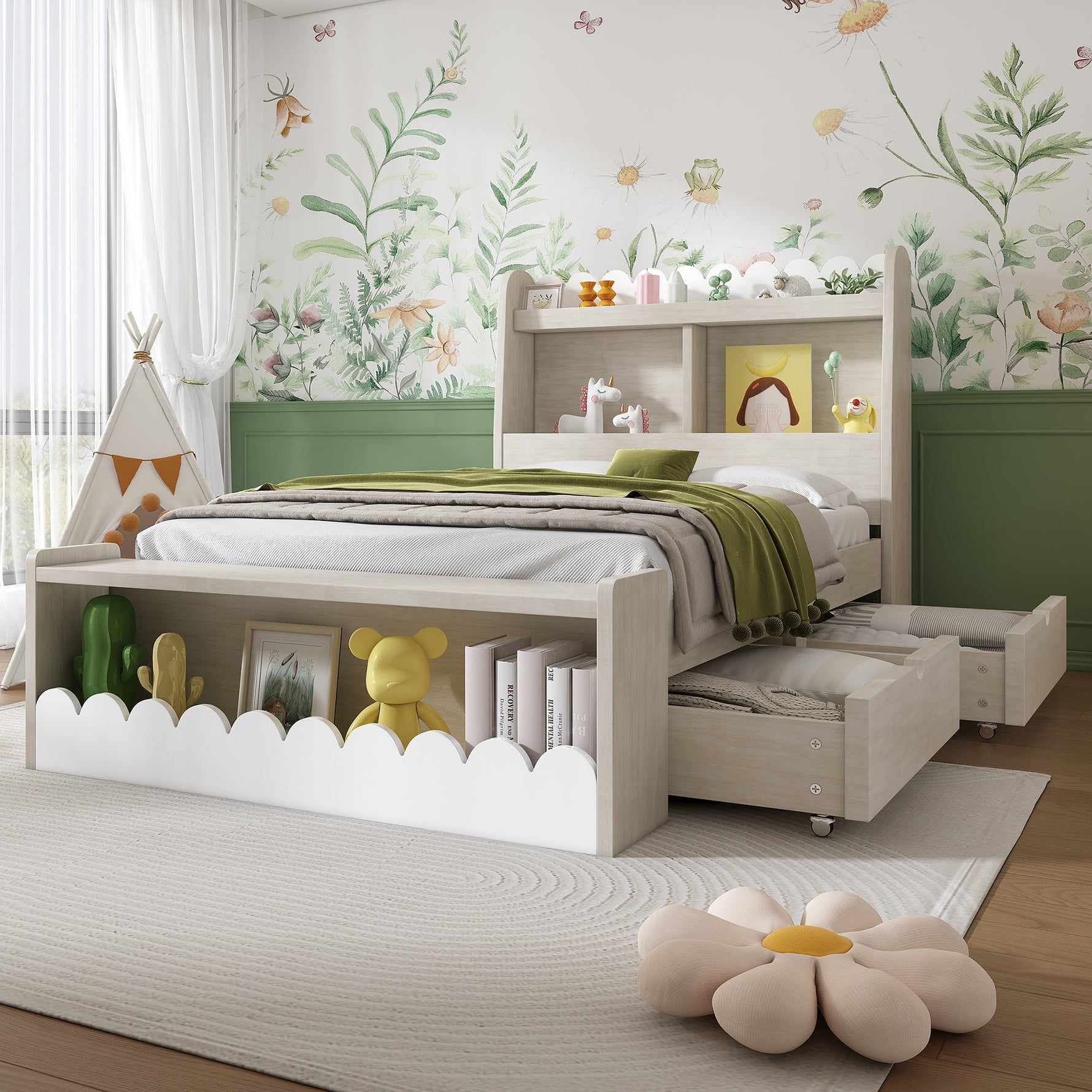 Children's Single Bed, Storage with Drawers, Shelf, Bench, Wood, White Oak