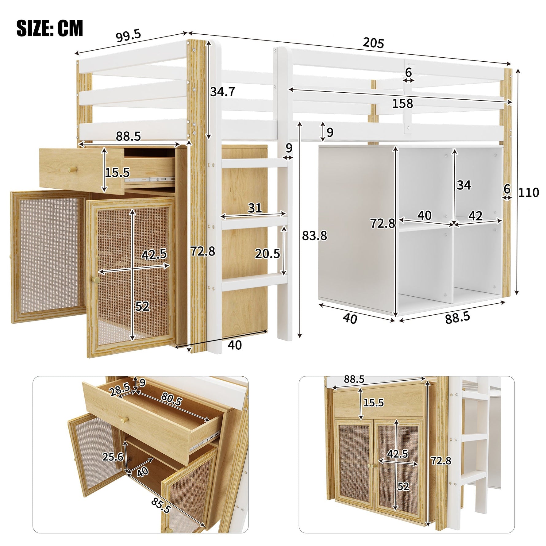 Children's Loft Bed with 2 Storage Cabinets and Ladder, Natural and White