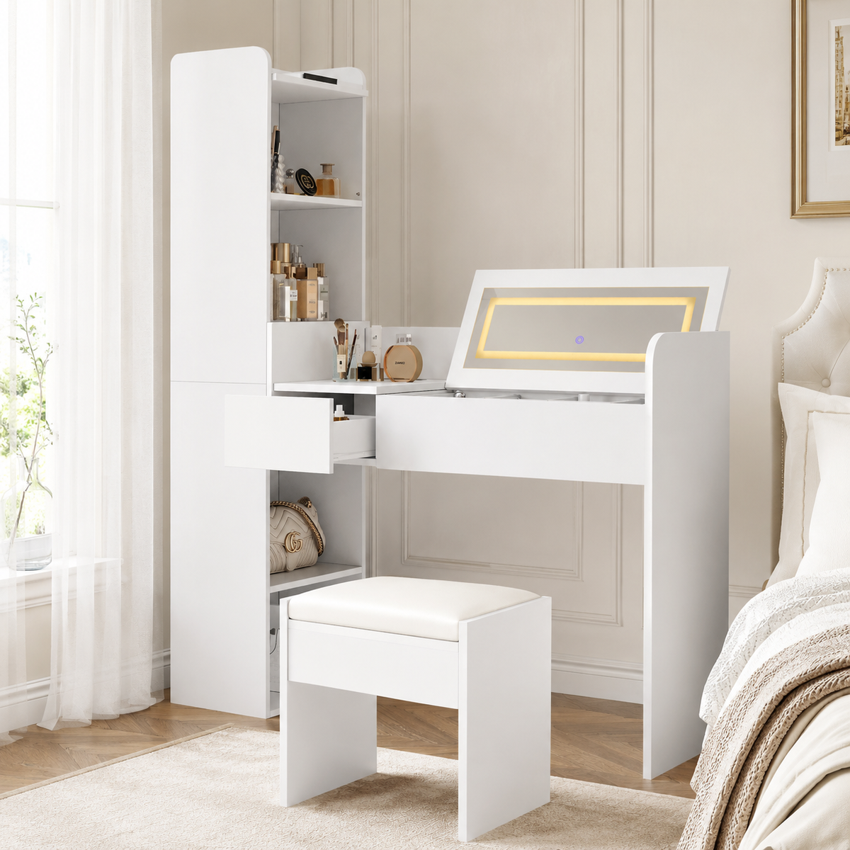 Dressing Table with LED Mirror, USB Charging & Stool, White