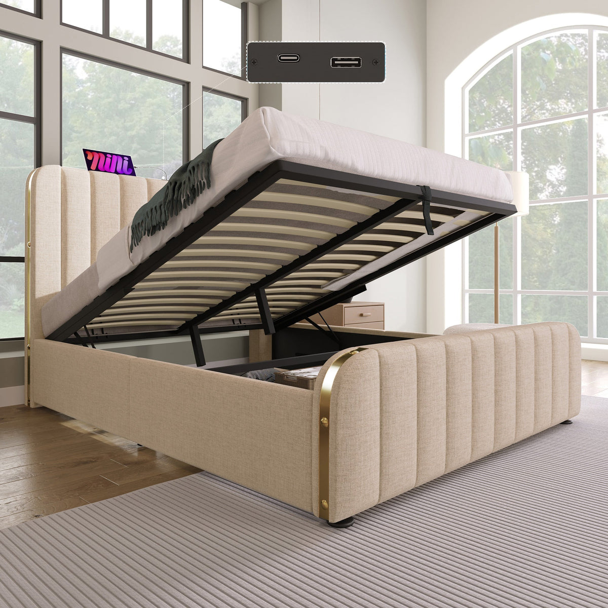 Upholstered Bed, Double Headboard with USB-C Charging, Hydraulic Storage, Beige Linen