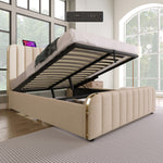 Upholstered Storage Bed 140x190cm with USB Charging, Beige Linen
