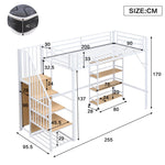 Loft Bed with Shelf, Wardrobe, Safety Railing, Iron + MDF, White/Natural 90x200cm