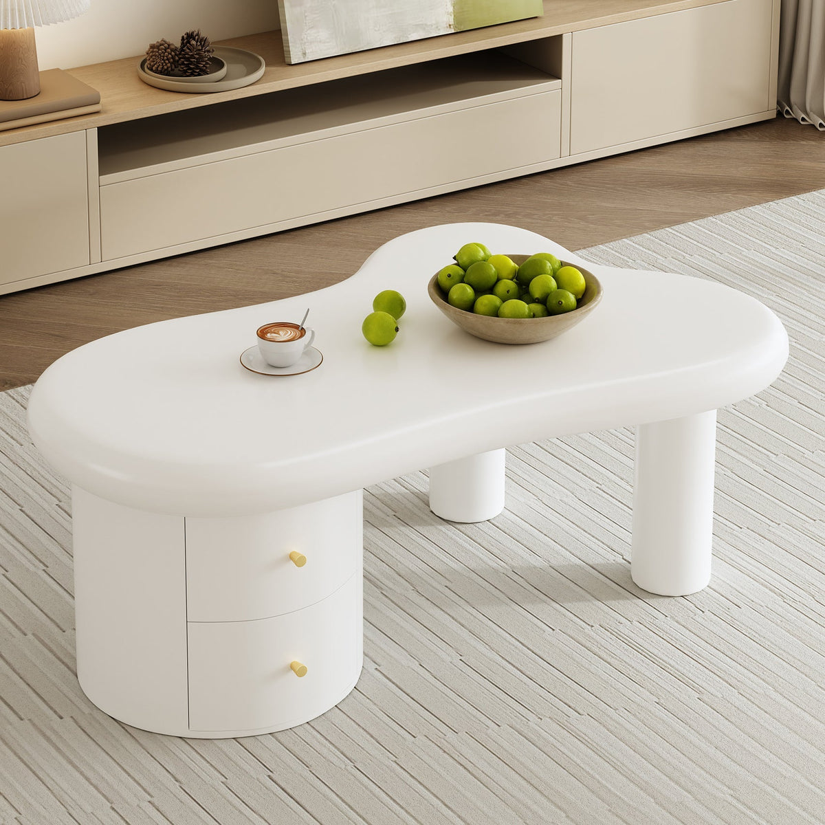 Coffee Table, Irregular Shape 2-Drawer Space-Saving Stylish Stable, White