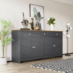 Sideboard Storage Cabinet, 4 Doors 3 Drawers Wood Grain, Grey and Black