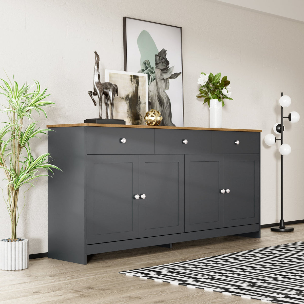 Sideboard Storage Cabinet, 4 Doors 3 Drawers Wood Grain, Grey and Black