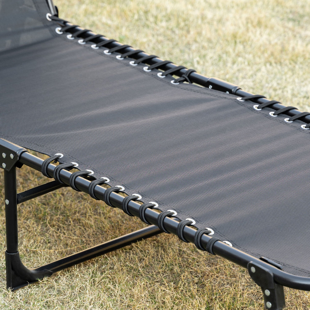 Folding Chaise Loungue Sun Lounger 5 Position Adjustable Backrest Removable Headrest Black Fabric