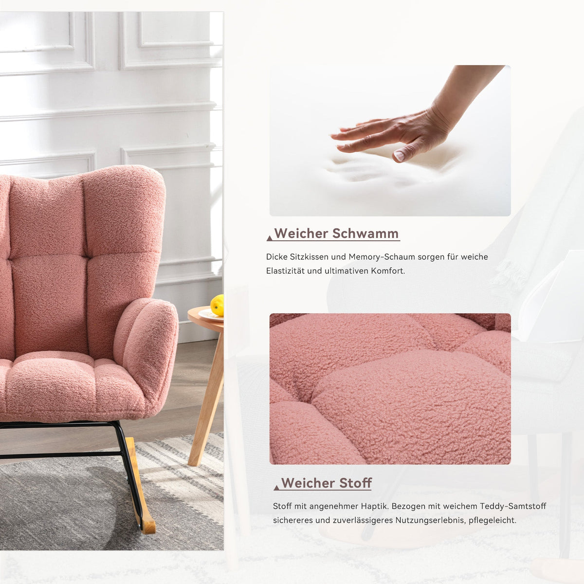 Mid Century Modern Rocking Chair, Tufted Teddy Fabric, Padded Seat, Pink