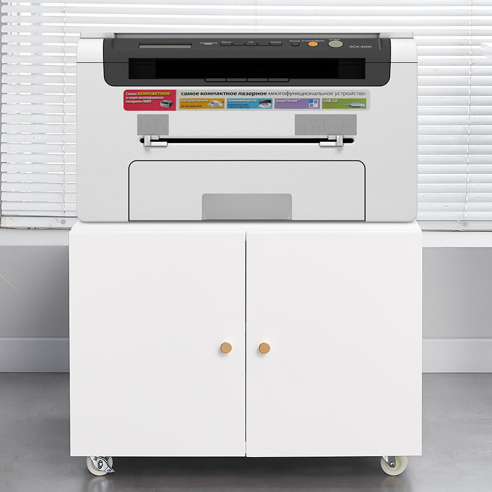 Metal Printer Stand Storage with Door, Shelf & Wheels - White