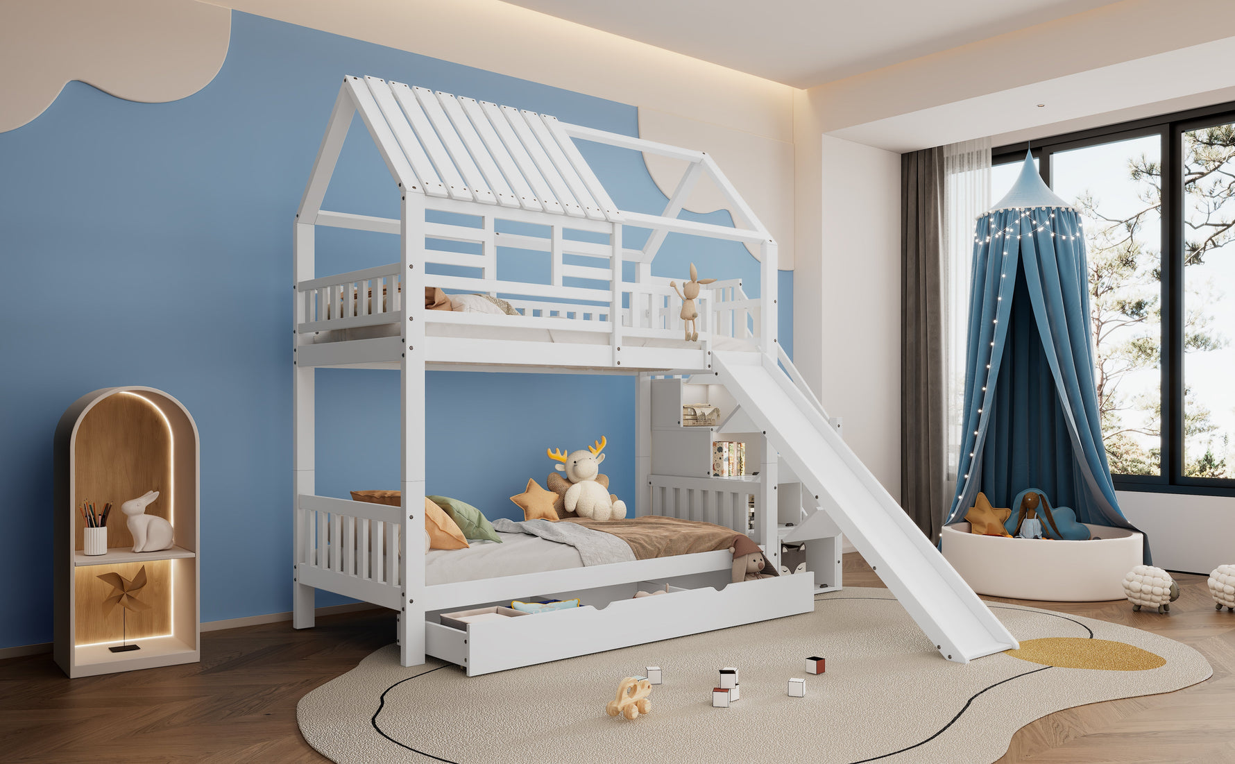 Bunk Bed, House Bed with Stairs, Slide, Storage, Safety Gate & Drawer, Pine/MDF, White