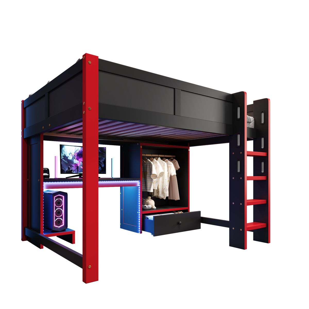 Gaming Loft Bed 140x200cm with Desk & LED, Black + Red