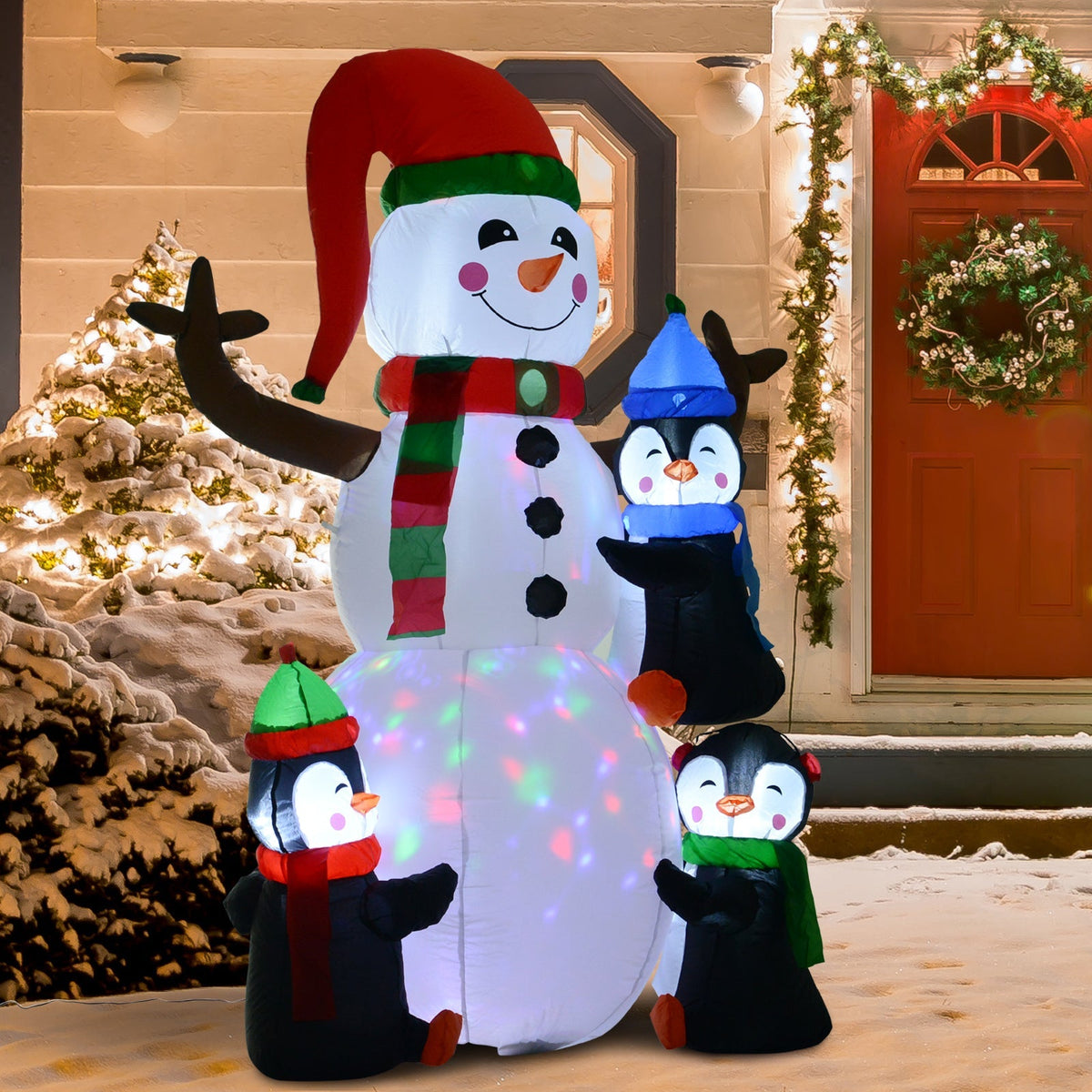 Inflatable Snowman with 3 Penguins, LED Lighting, Polyester