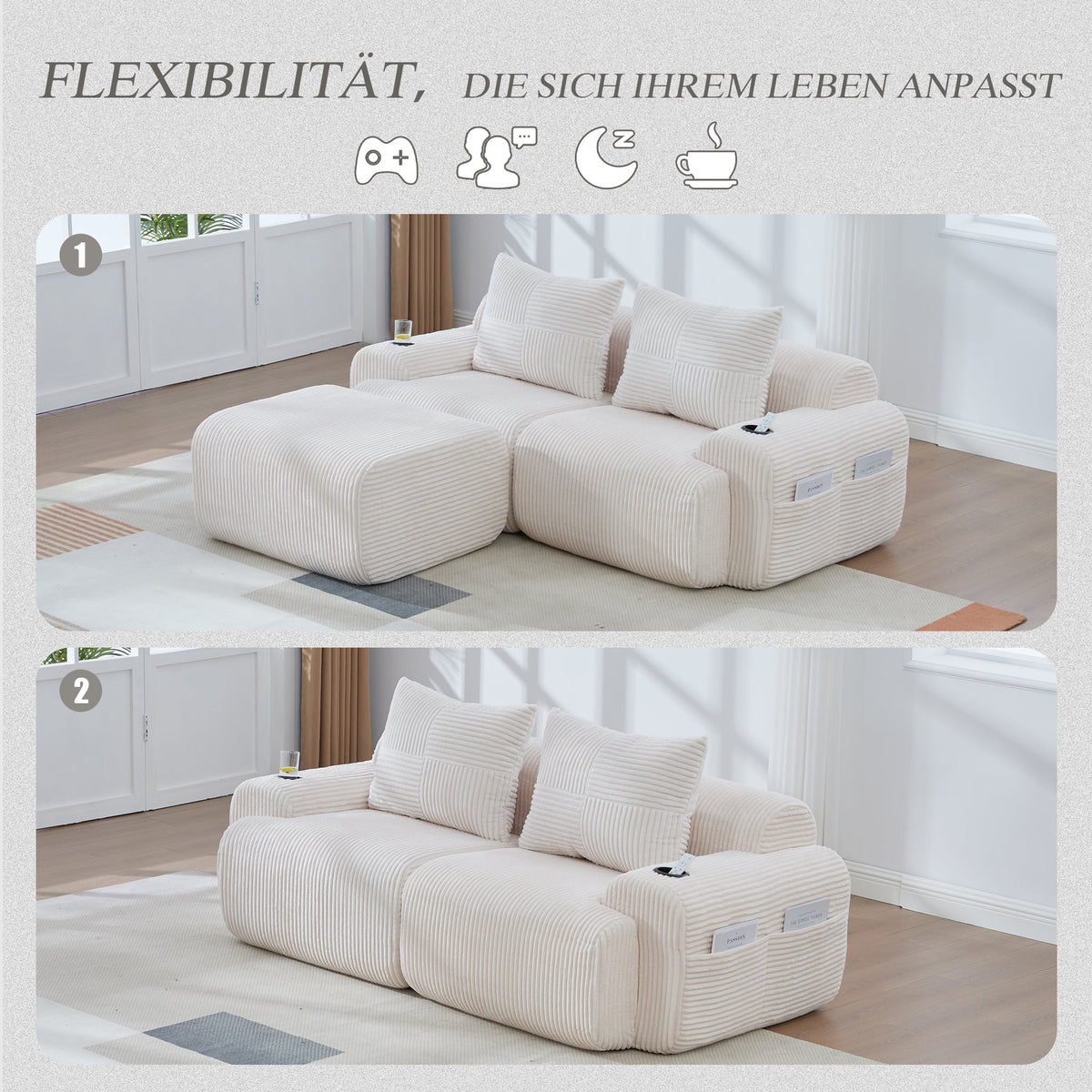 Modular Corduroy Sofa for 2 People with Ottomans, Cup Holder and Side Pocket, Beige