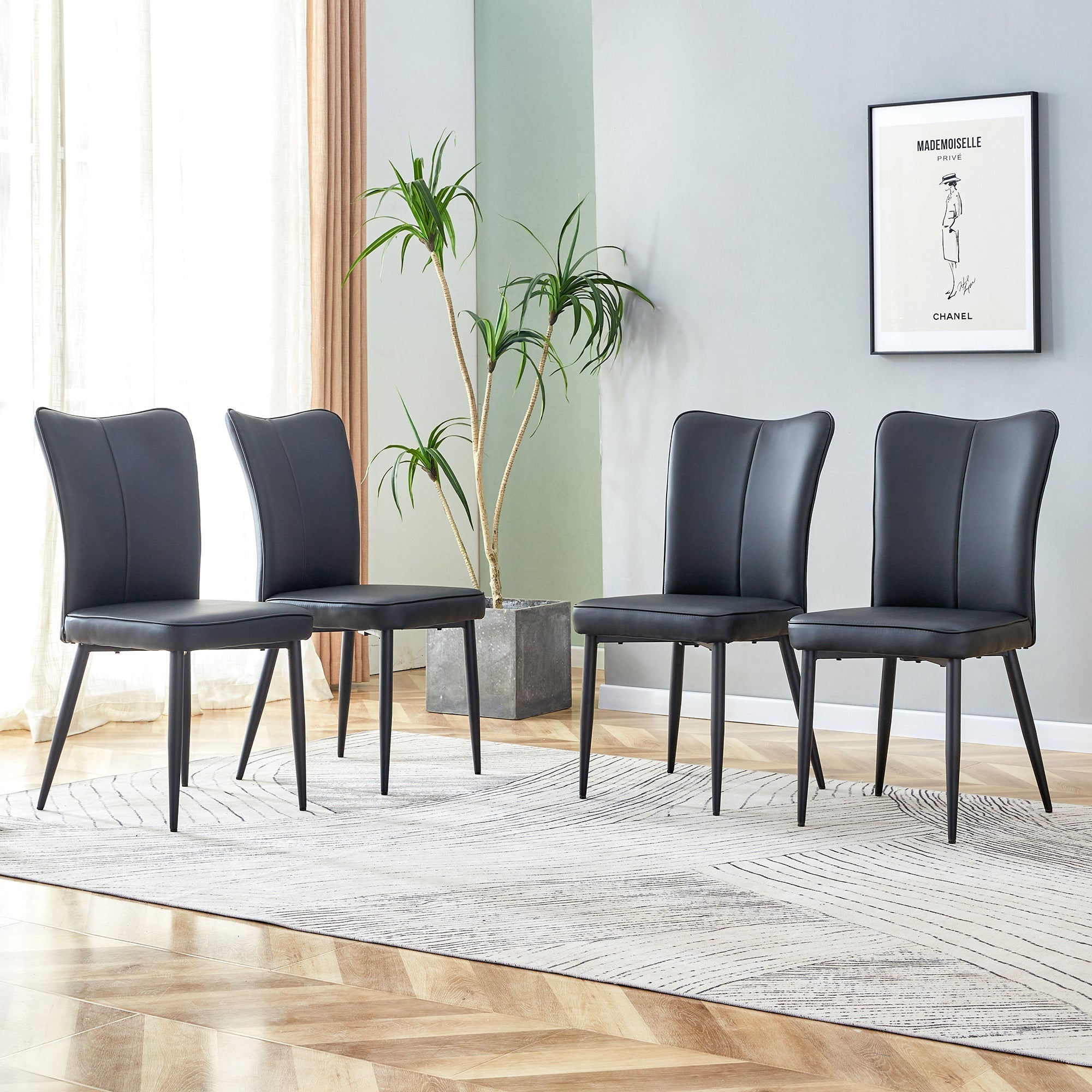 Dining Chair Modern Minimalist PU Leather Back Metal Legs - Black