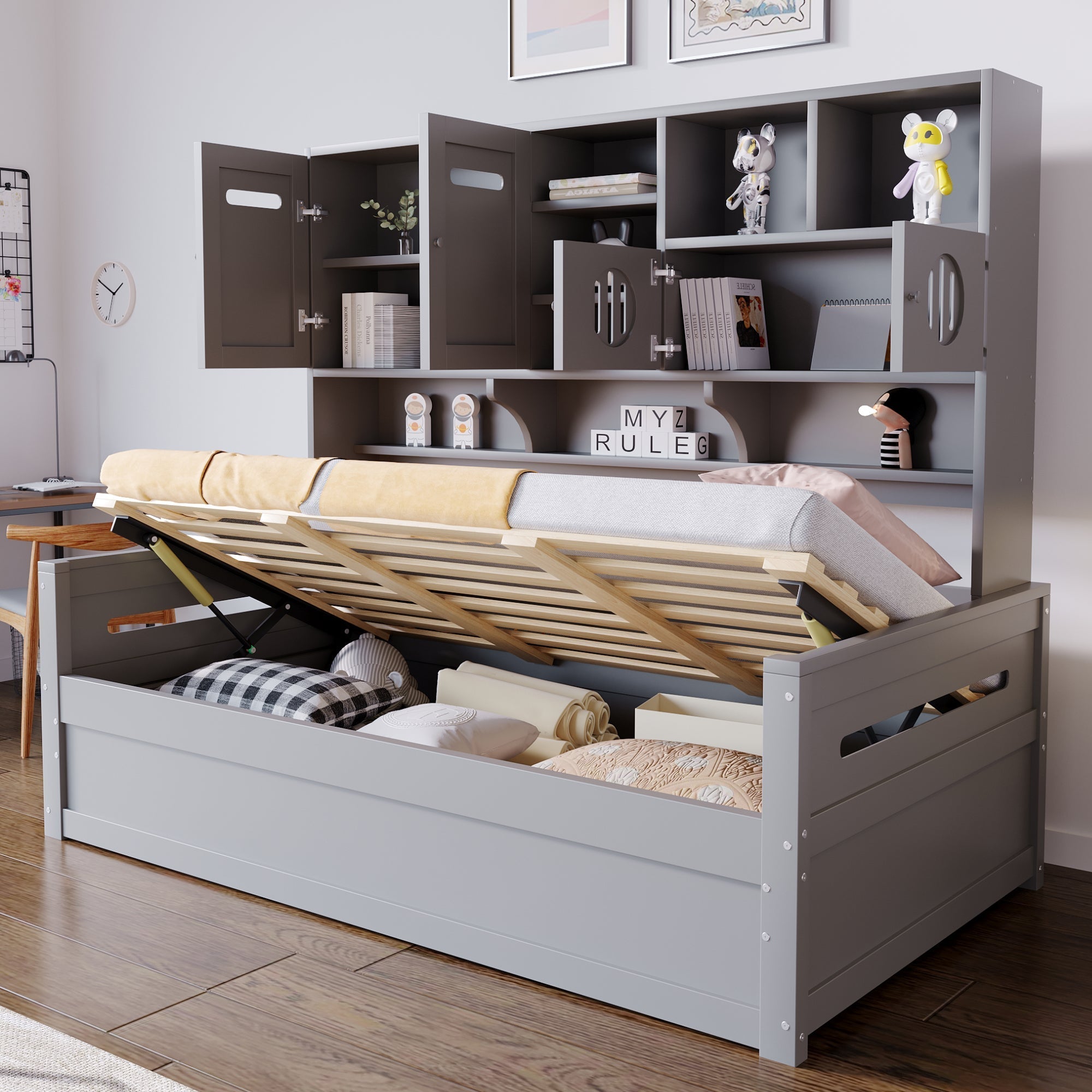 Sofa Bed, 90 x 200 cm Multifunctional Hydraulic Single Bed Frame, Grey Wood