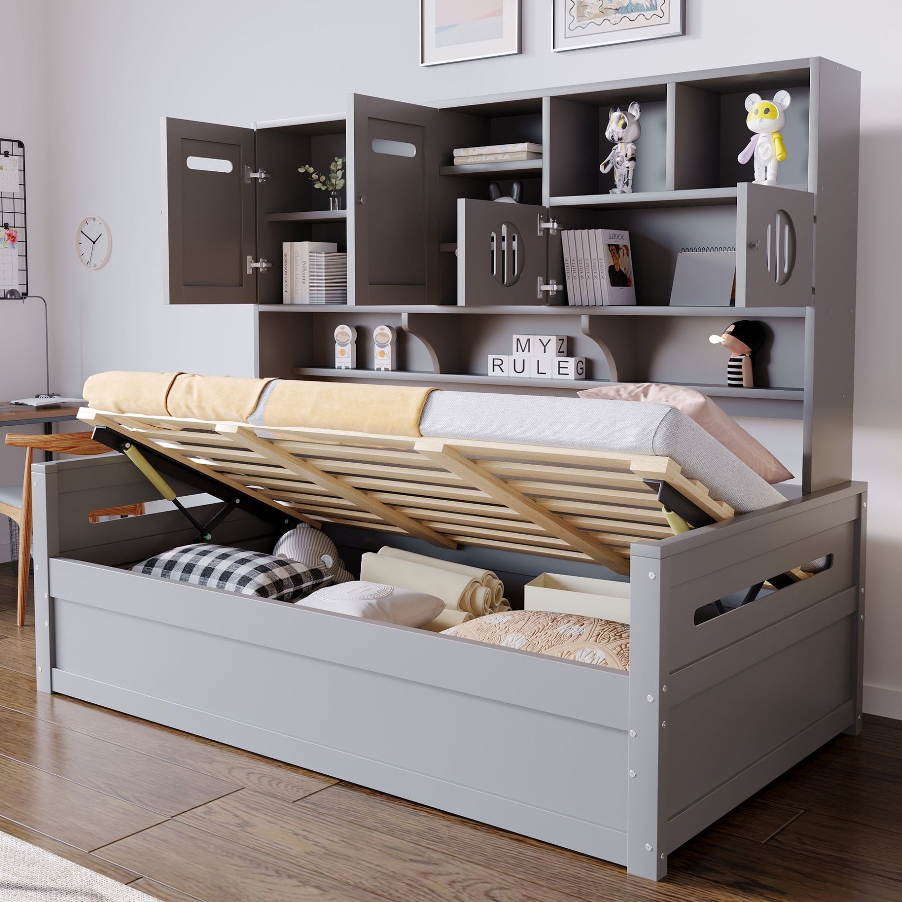 Sofa Bed, 90 x 200 cm Multifunctional Hydraulic Single Bed Frame, Grey Wood