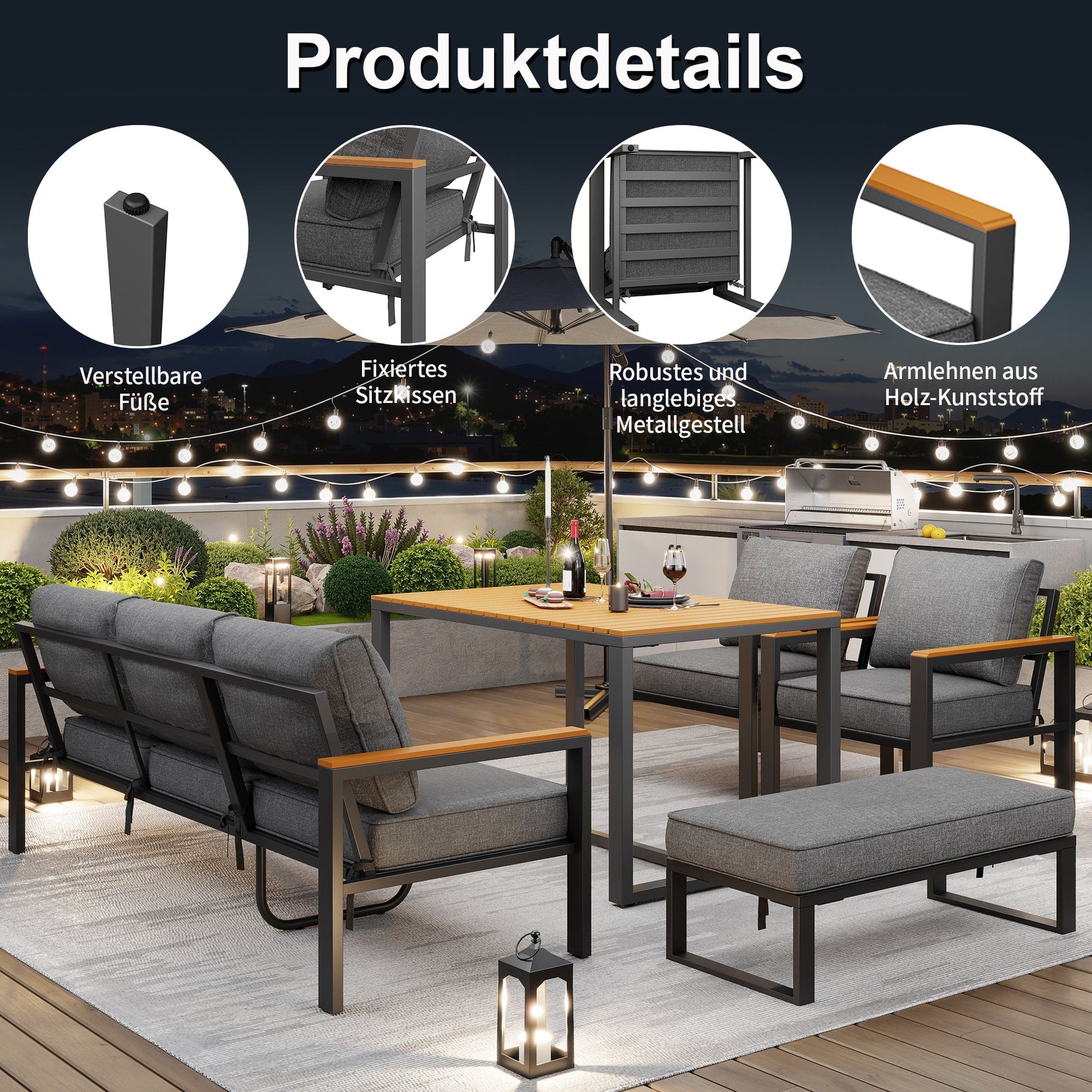 Garden Lounge Set for 6-7 People, Weatherproof Seating Group, Galvanized Iron Frame