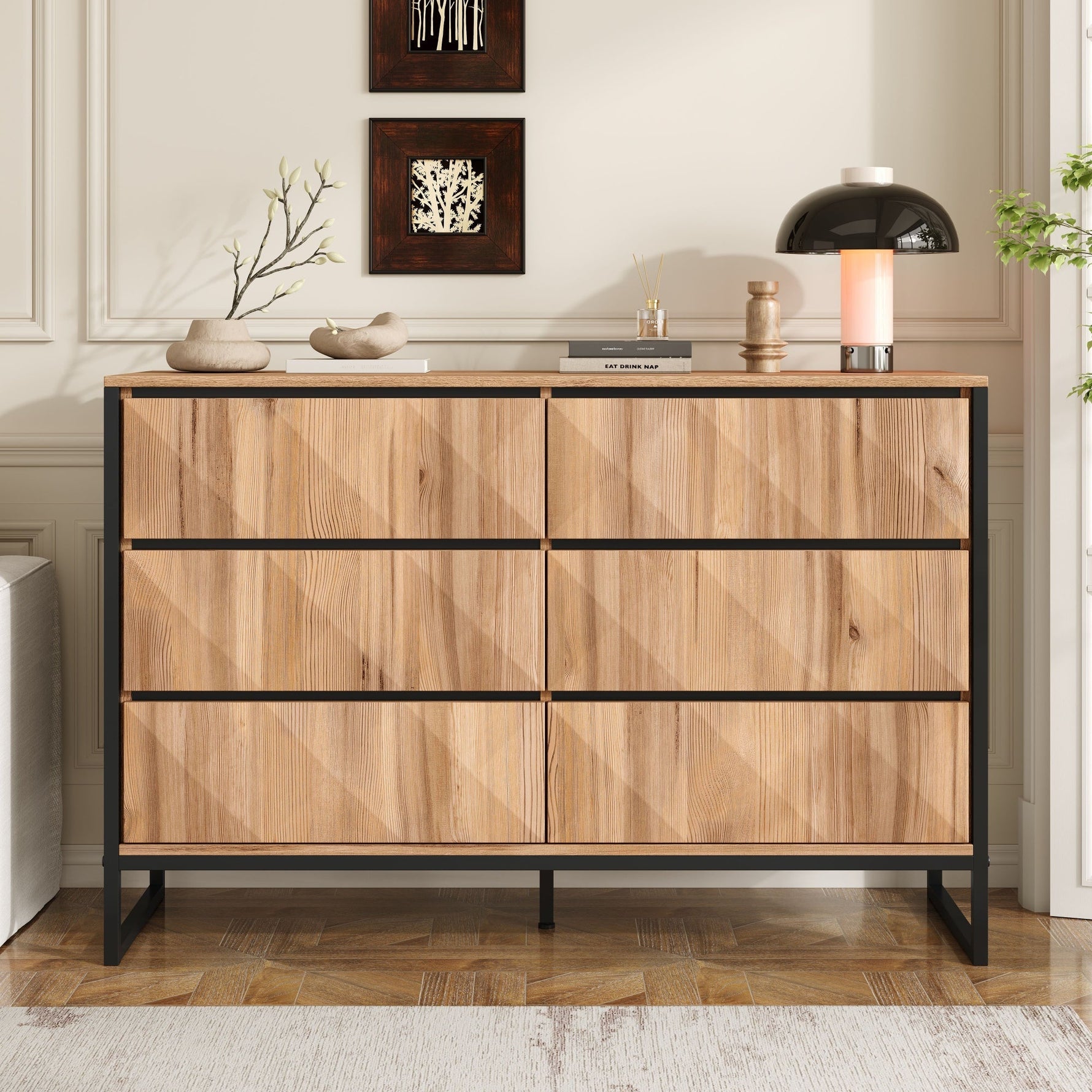 Sideboard & Chest of Drawers, Metal Legs, Raised Doors, Black and Natural Wood