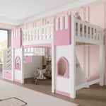 Loft Bed with Storage Stairs and Window, 90x200cm, White and Pink Pine Wood + MDF