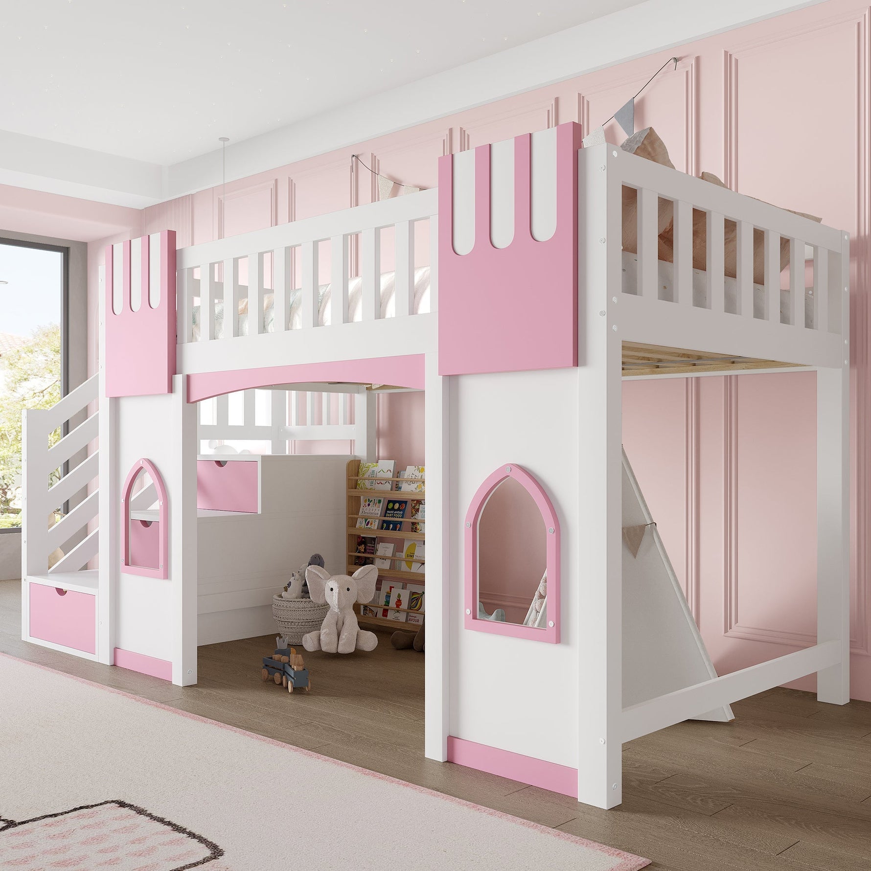 Loft Bed with Storage Stairs and Window, 90x200cm, White and Pink Pine Wood + MDF
