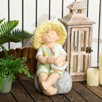 Little Boy Statue, 43cm Weatherproof Garden Ornament, Straw Hat