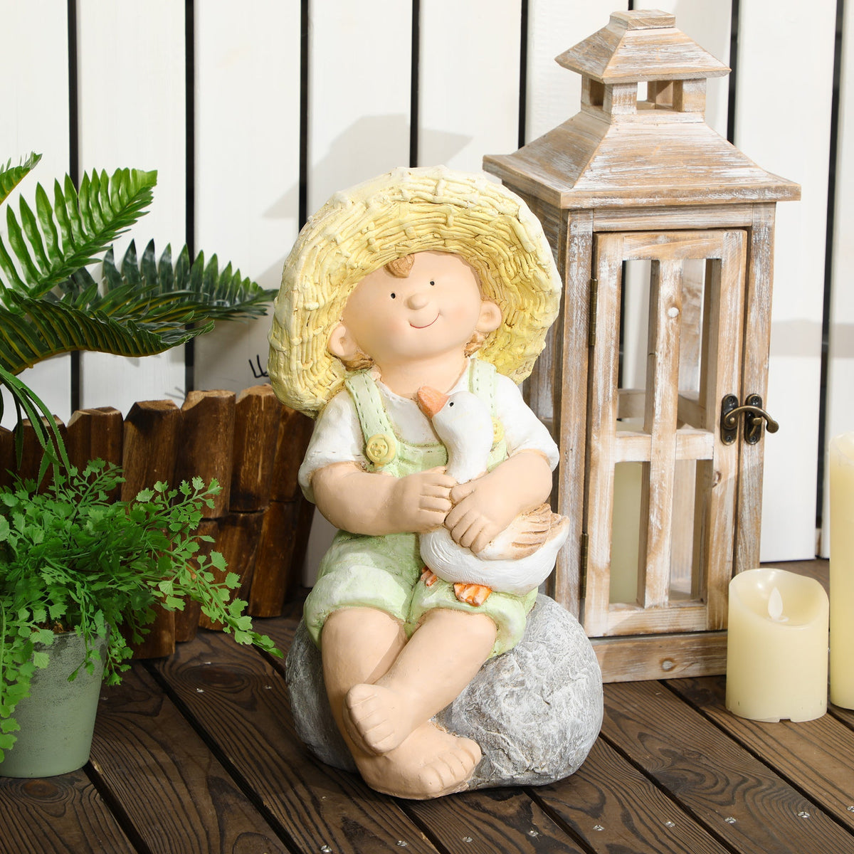 Little Boy Statue, 43cm Weatherproof Garden Ornament, Straw Hat