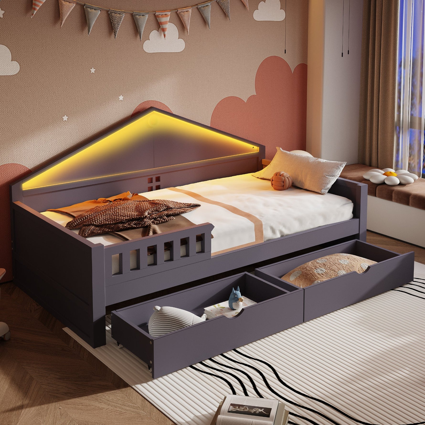 Children's Bed with LED Light Strip and Storage Drawers, 90x200 cm, Grey