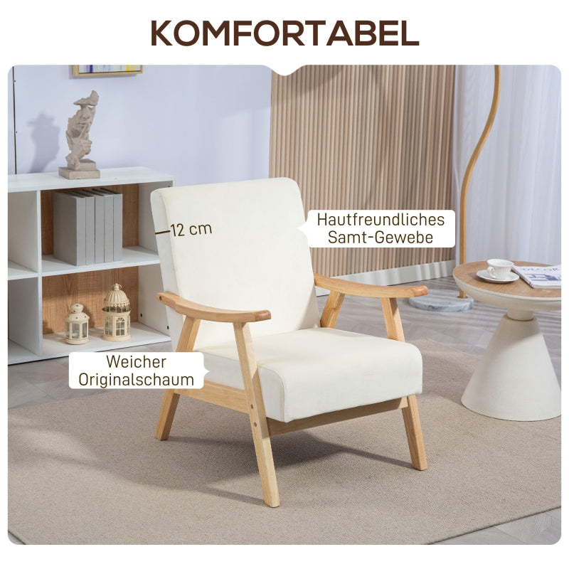 Nordic Armchair, Upholstered Lounge Chair, Wooden Frame, Velvet Look, Cream White