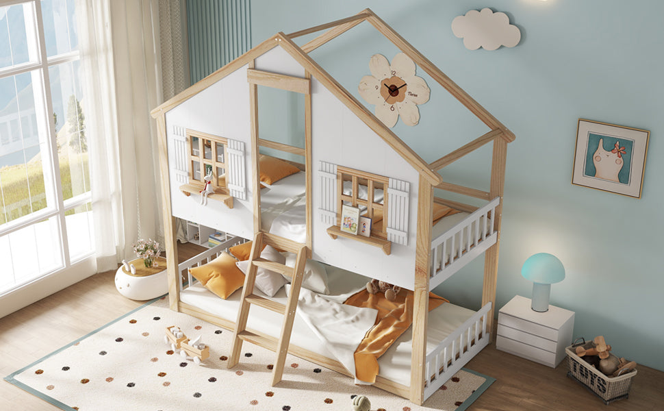 Bunk Bed, Children's with Windows & Roof, Safety Rails, Pine & MDF, White & Natural, 90x200cm