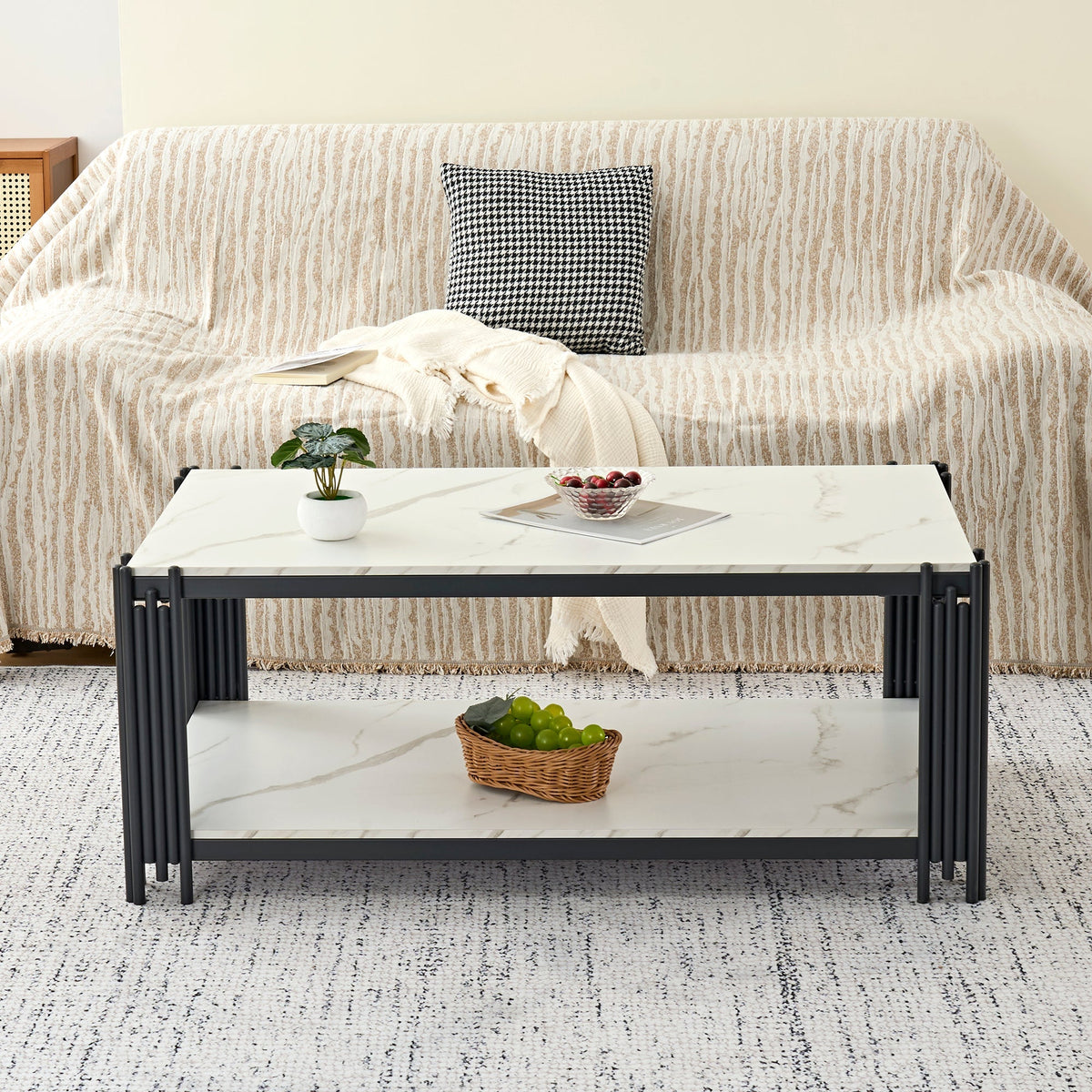 Rectangular Coffee Table Modern Marble-Effect Top Metal Legs White and Black