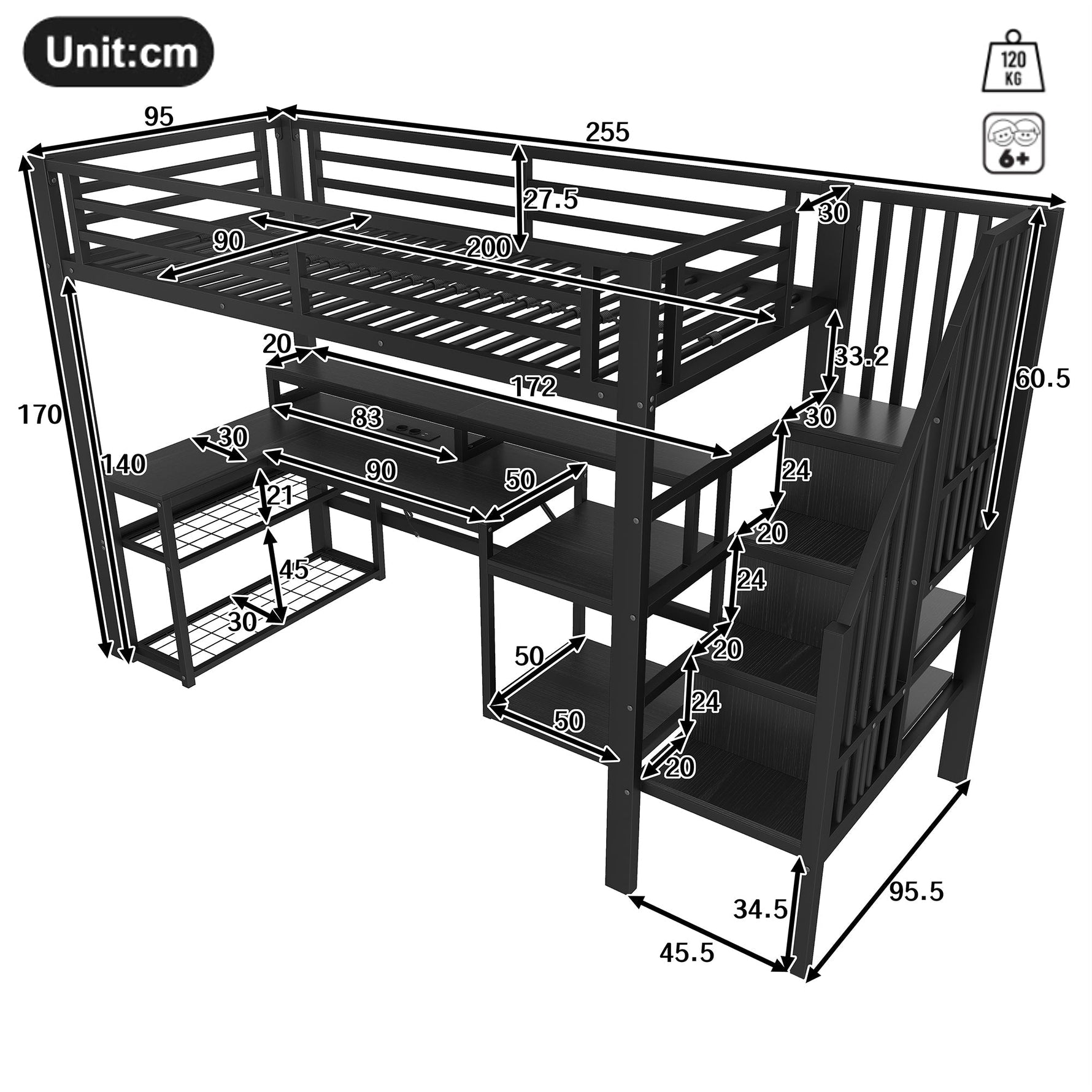 Loft Bed with Desk, Storage Staircase and LED Lights, Black Iron Frame