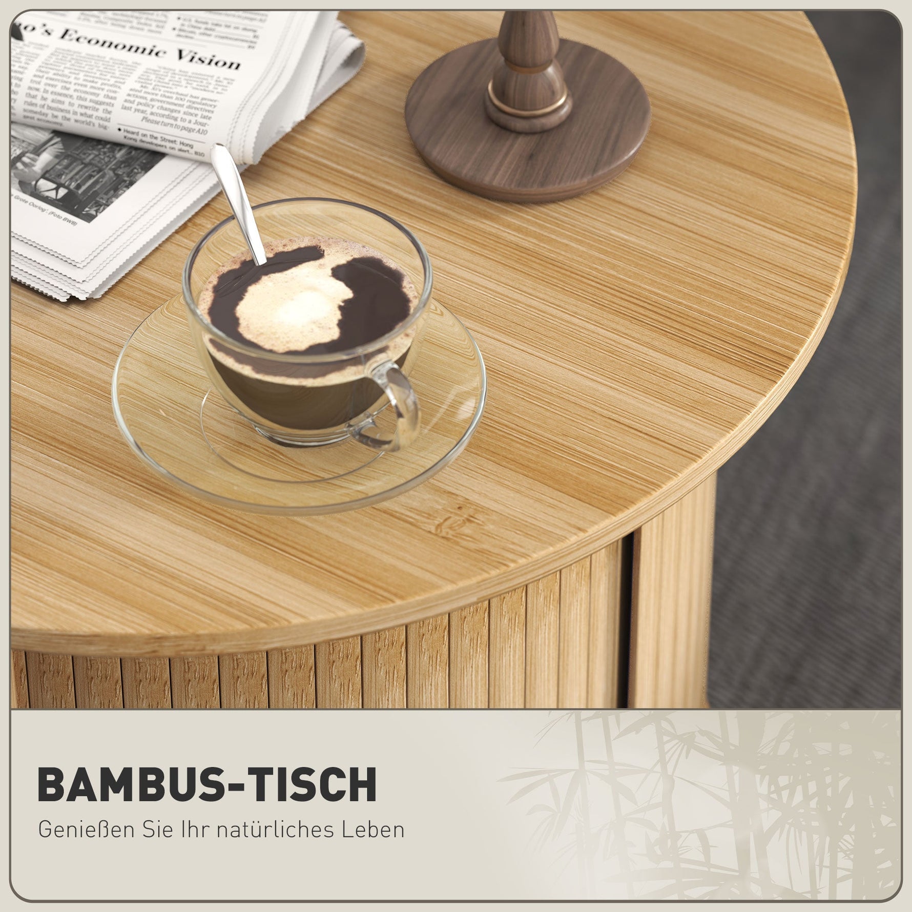 Bamboo Coffee Table, Hidden Storage Round Side Table, Natural