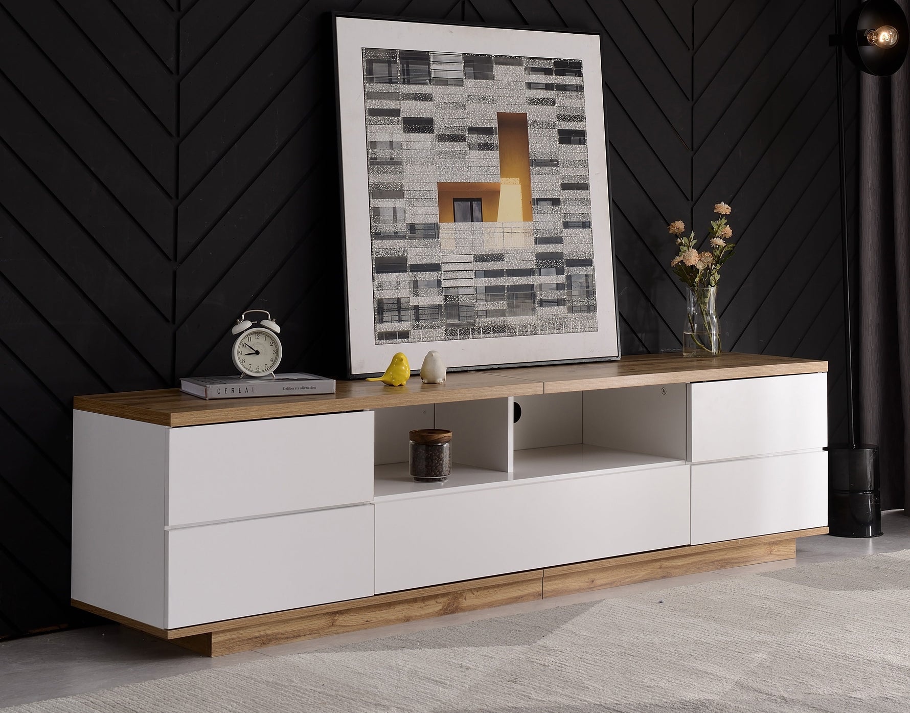 TV Cabinet Modern Color-Block 180cm Wood Grain Finish White