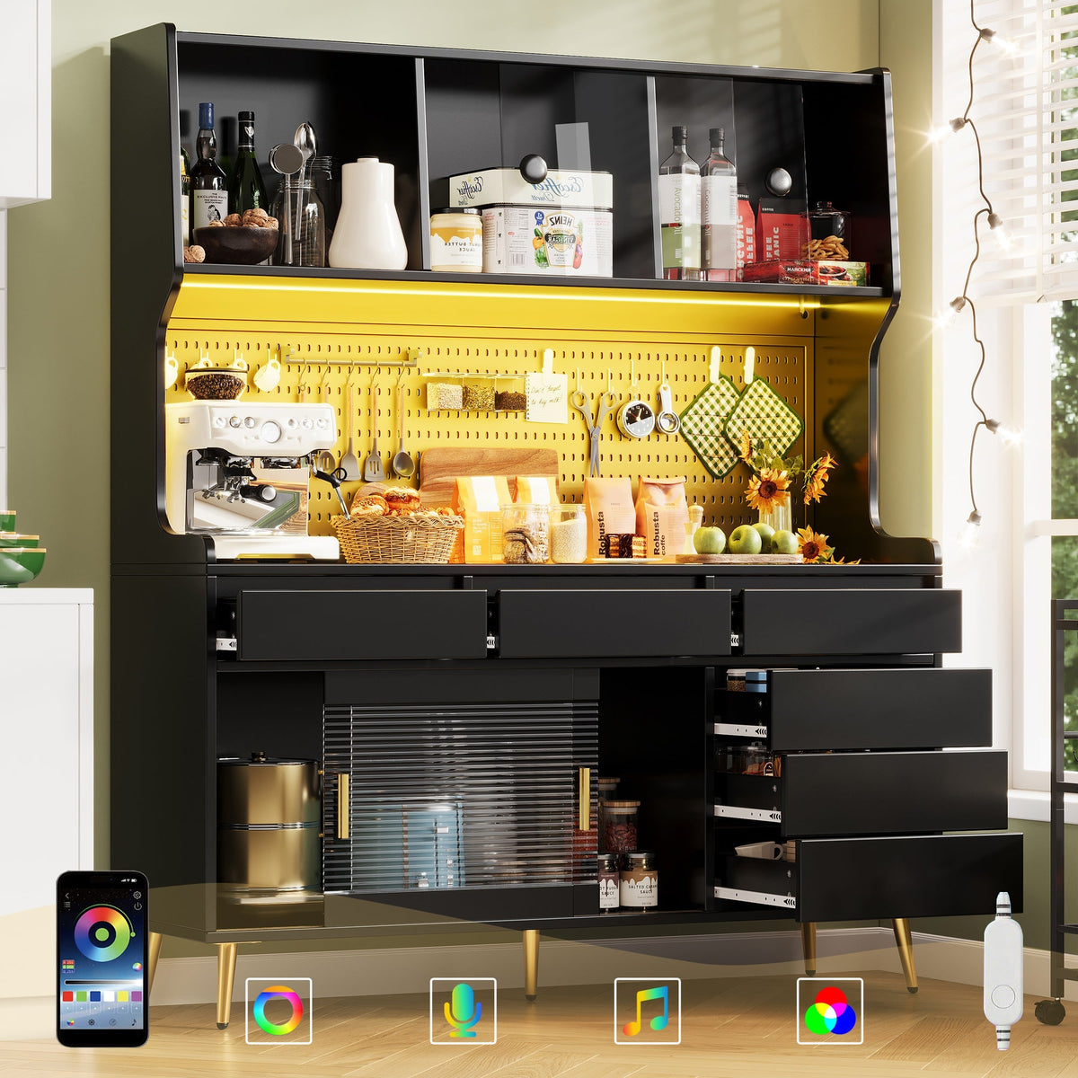 Modern Tall Cabinet with LED & App Control, Drawer, Pegboard Storage - Black