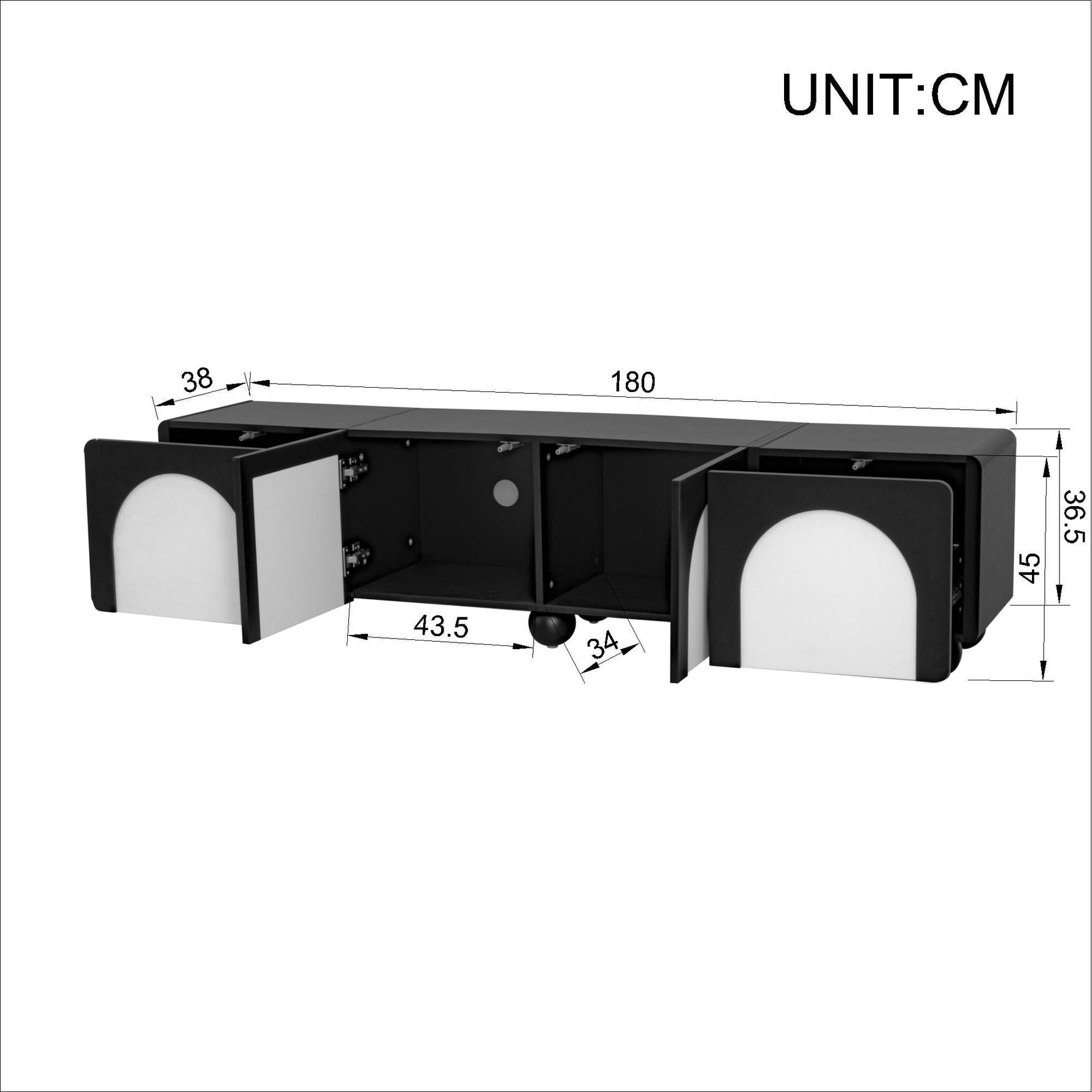 TV Cabinet Low 180cm 2 Drawers 2 Doors Black and White