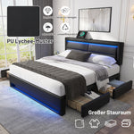 Upholstered Bed 140x190cm LED Light USB Charging 4 Storage Drawers Lychee PU Black