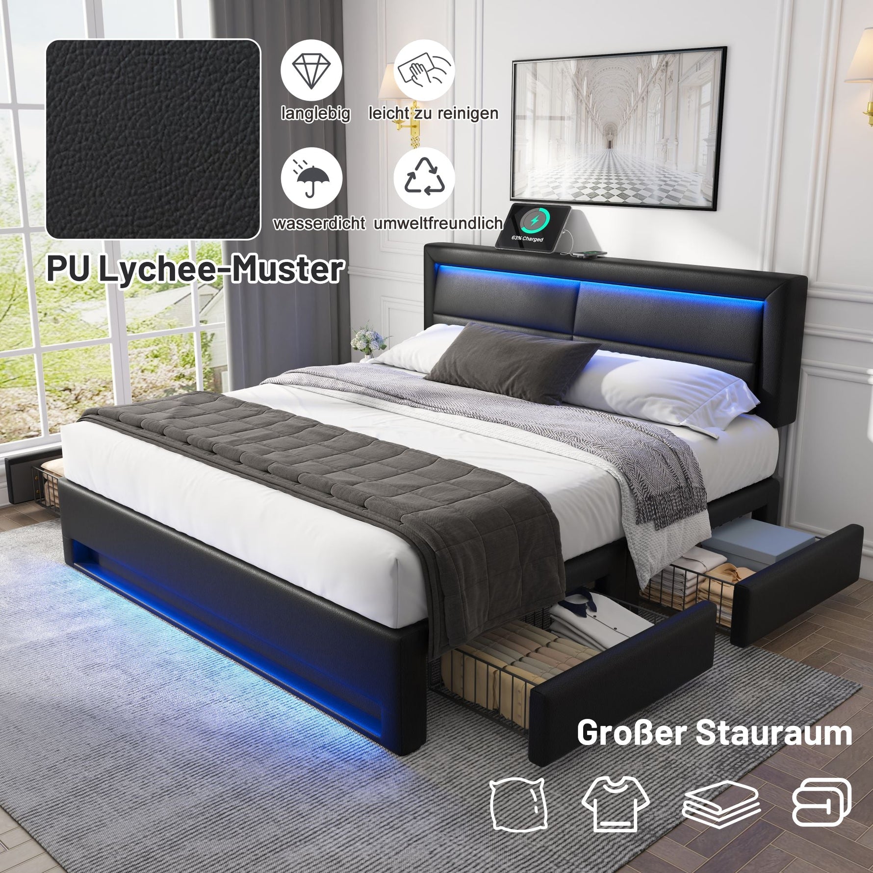 Upholstered Bed 140x190cm LED Light USB Charging 4 Storage Drawers Lychee PU Black