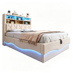 Upholstered Bed 140x200 with Storage & LED, Beige Linen