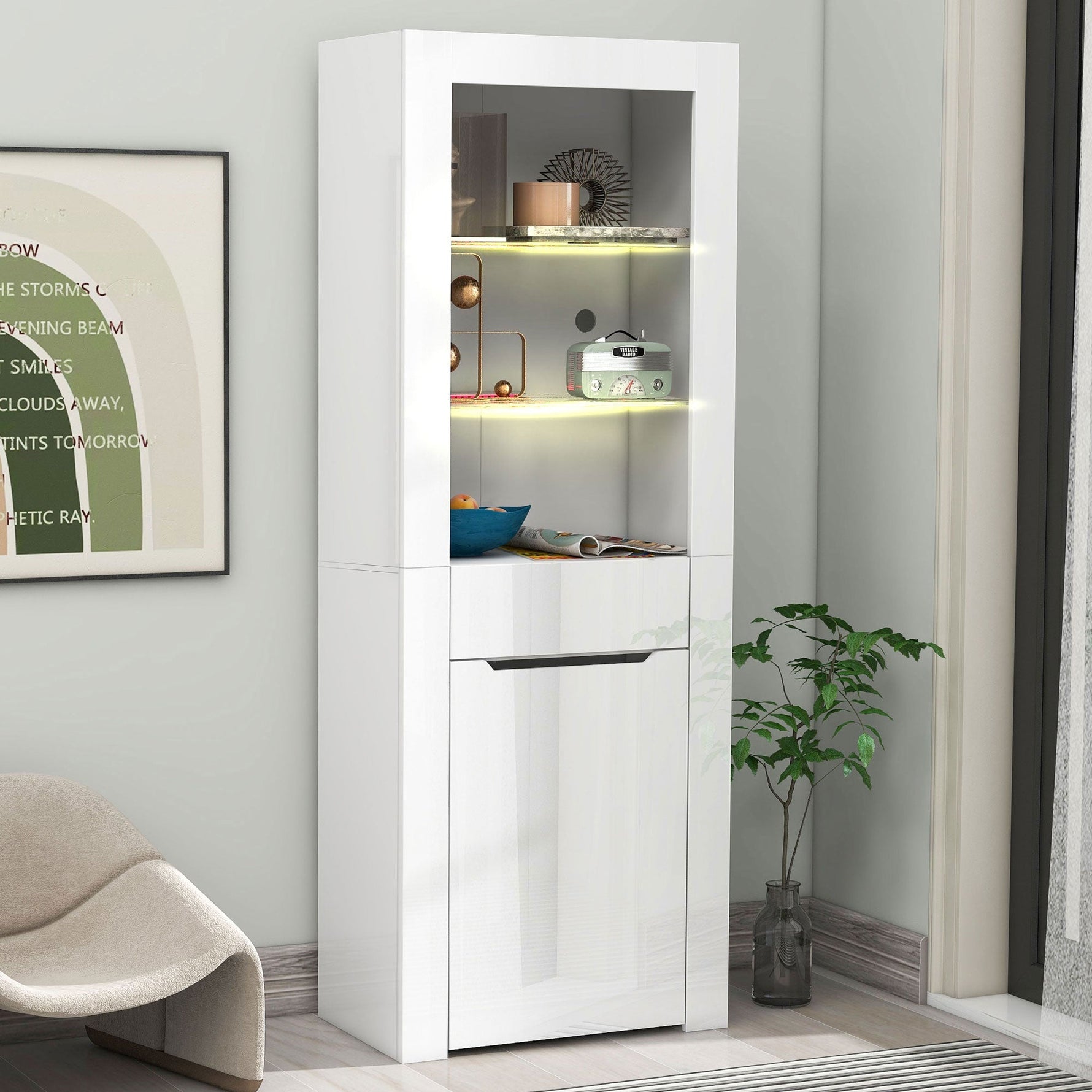 Display Cabinet with App LED Lights and Shelves, White
