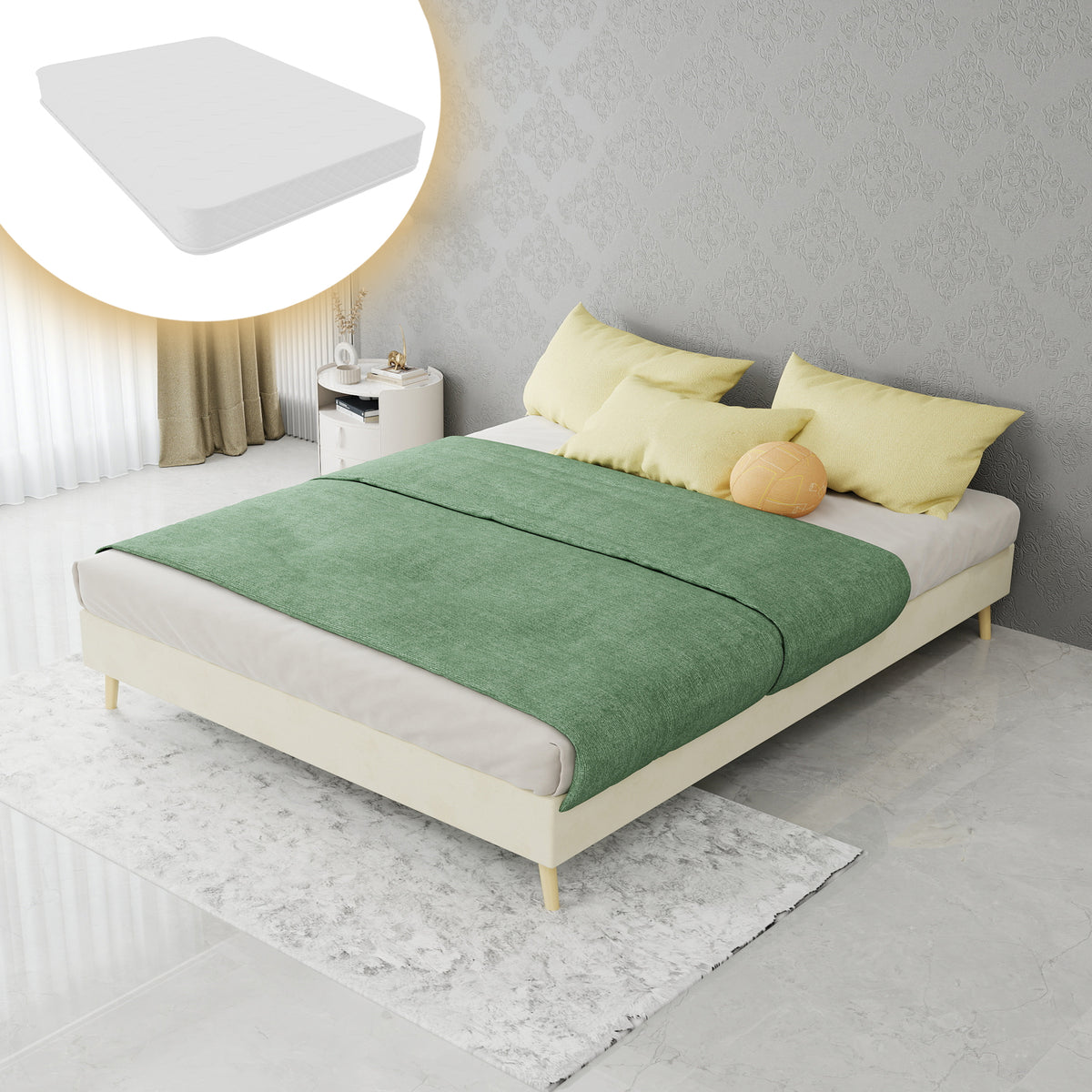 Modern Minimalist Bed Frame 140x200cm with Mattress, Beige Velvet