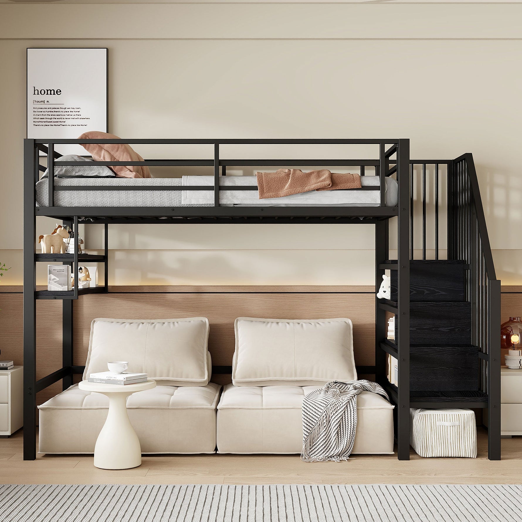 Loft Bed 90x200cm Storage Ladder Shelves Railing - Black
