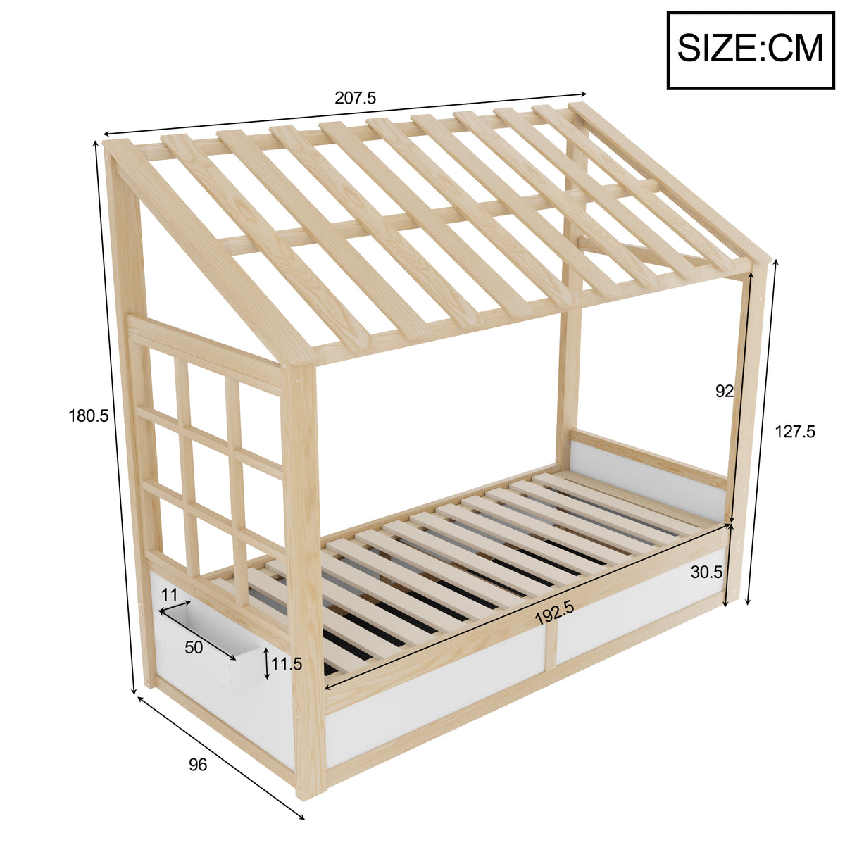Kids Country Bed 90x200cm with Storage & Roof, Wood & White