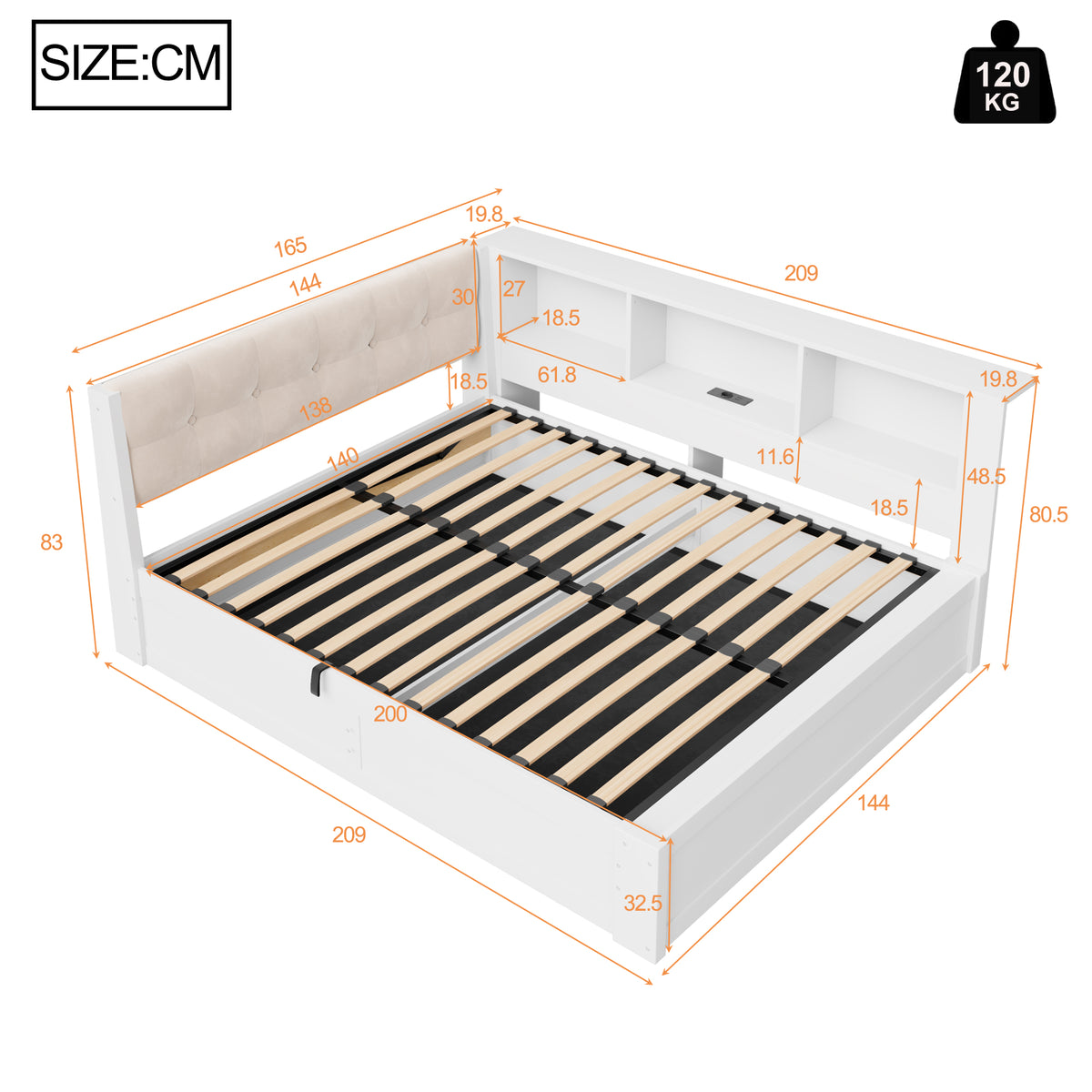Daybed Frame 140x200cm with LED & Storage, White Pine Wood
