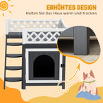 Cat Cave, Hut with Balcony & Stairs, Fir Wood, Grey