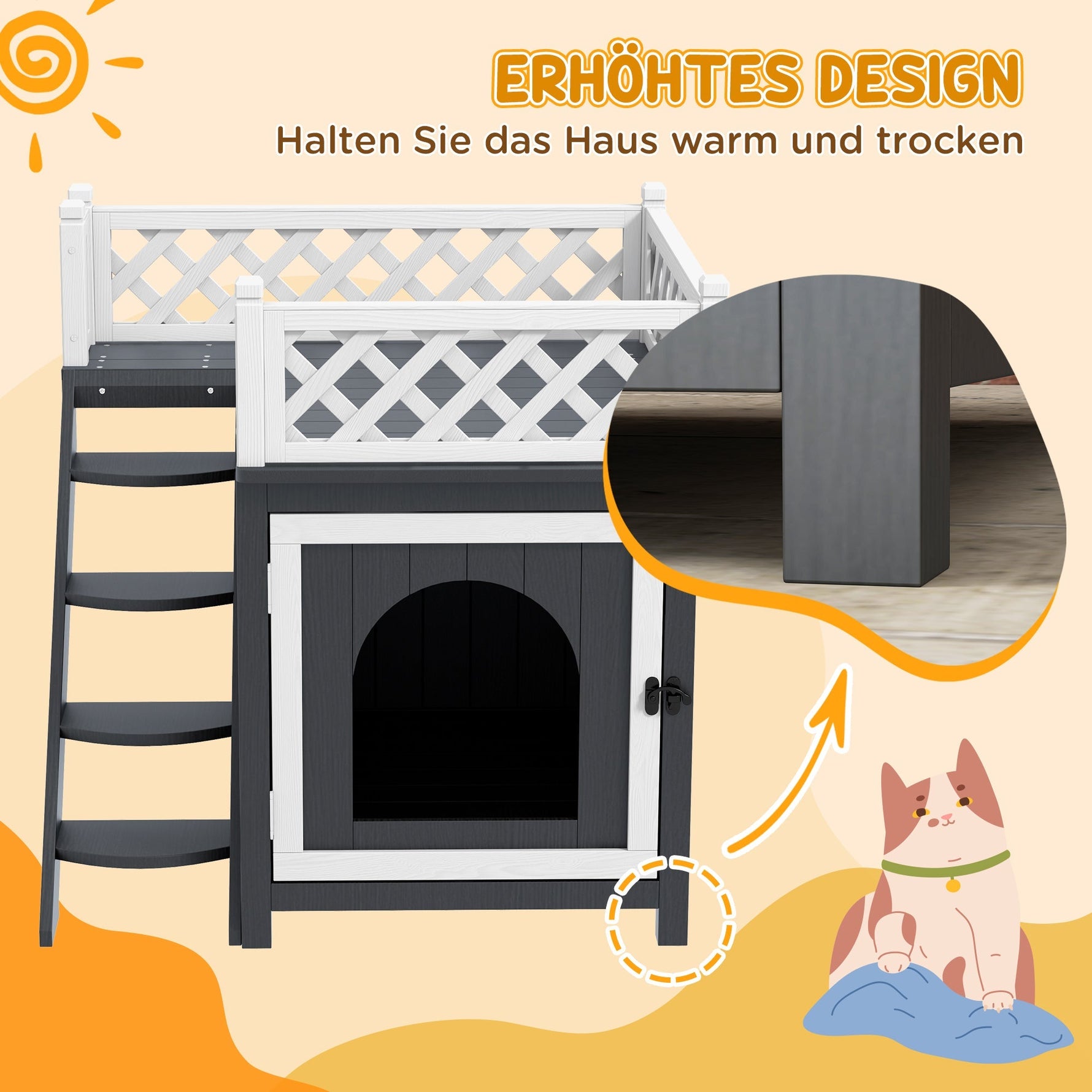 Cat Cave, Hut with Balcony & Stairs, Fir Wood, Grey