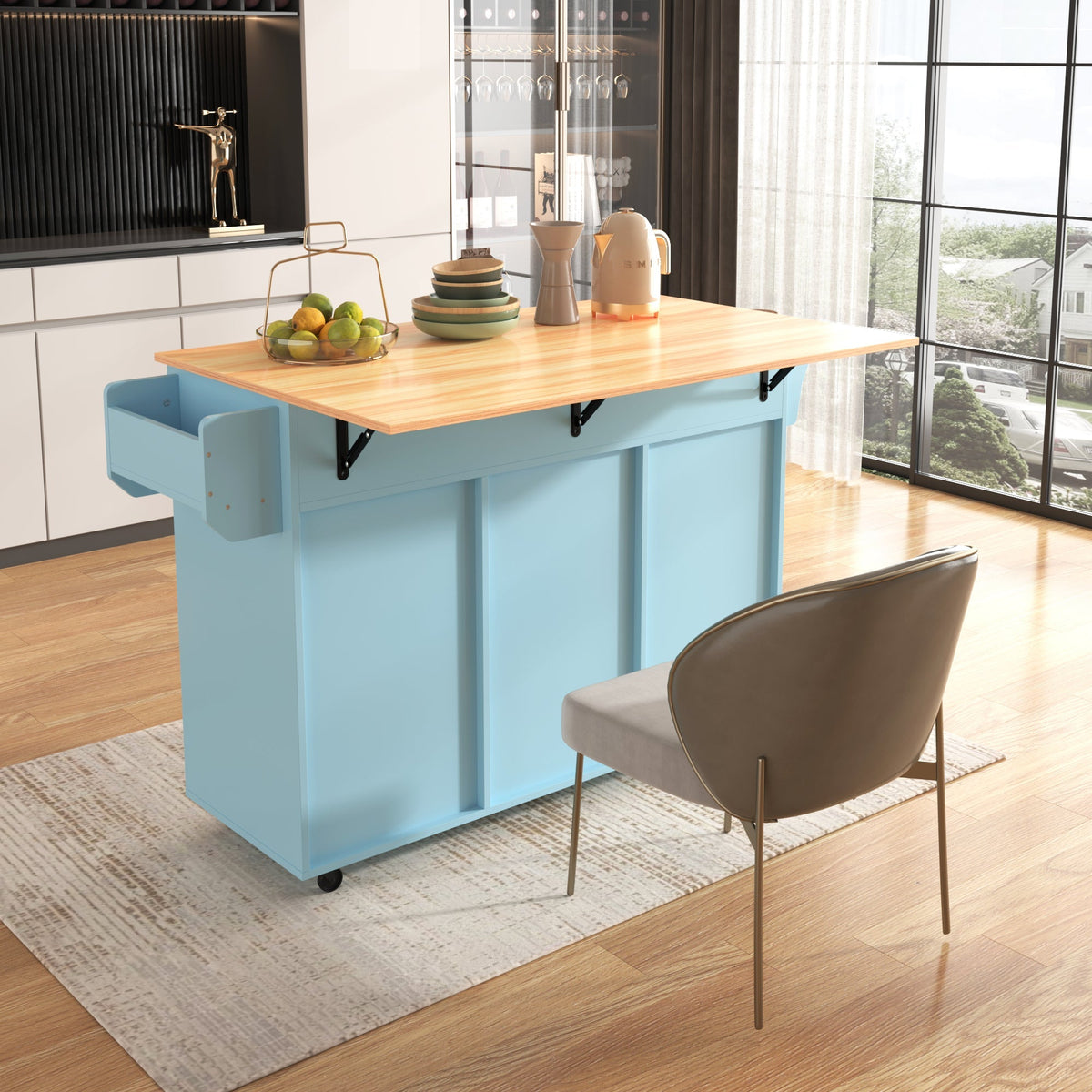 Dining Trolley Sideboard Extendable Fold-Down Worktop Storage Casters Blue/Solid Wood Grain