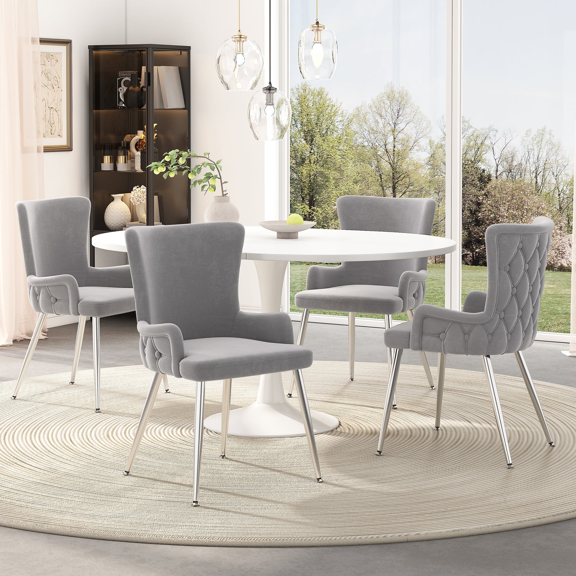 Velvet Dining Chair Set of 4 with Metal Legs Grey