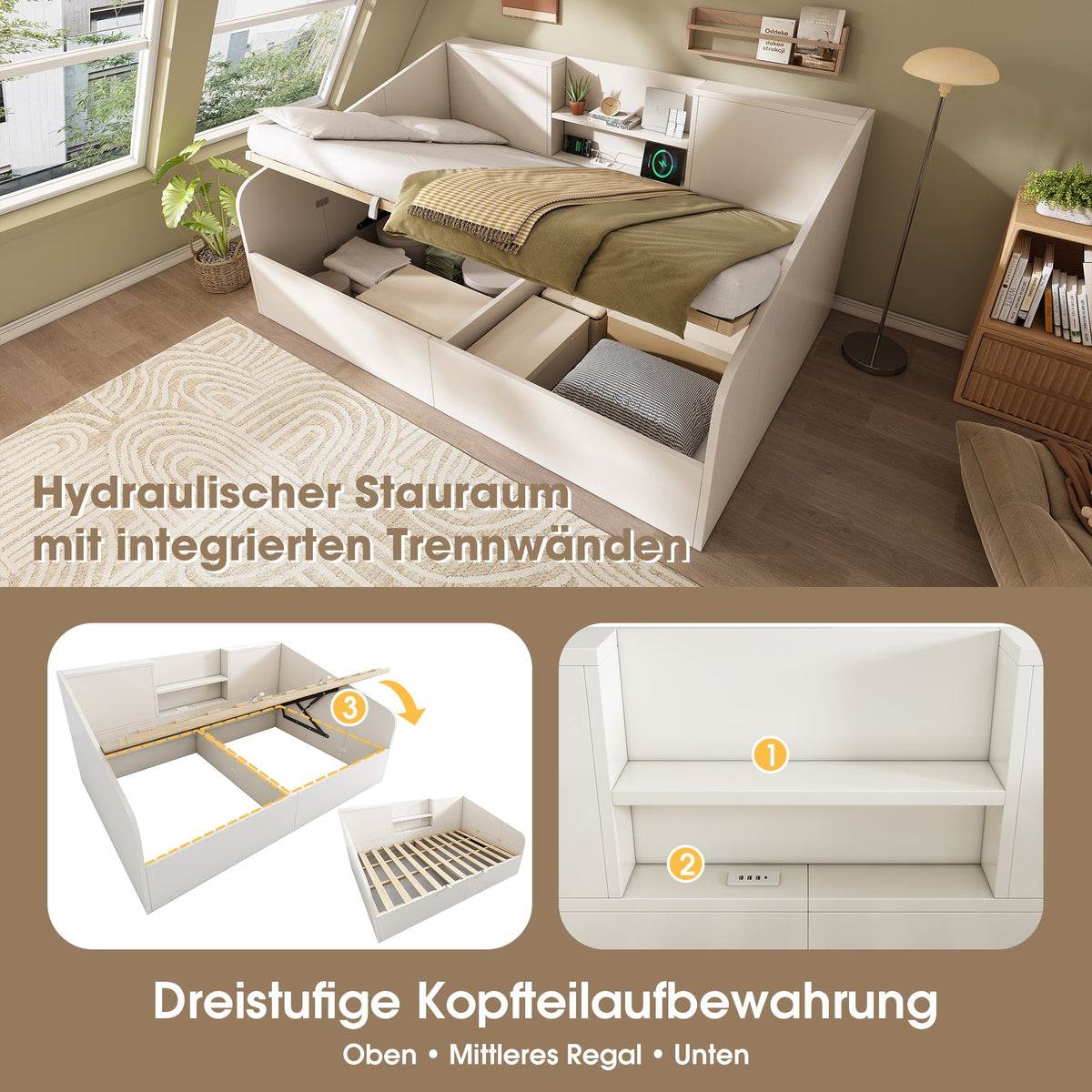 Hydraulic Daybed 140x190cm Double Bed Storage USB/Type-C Charging White Wood