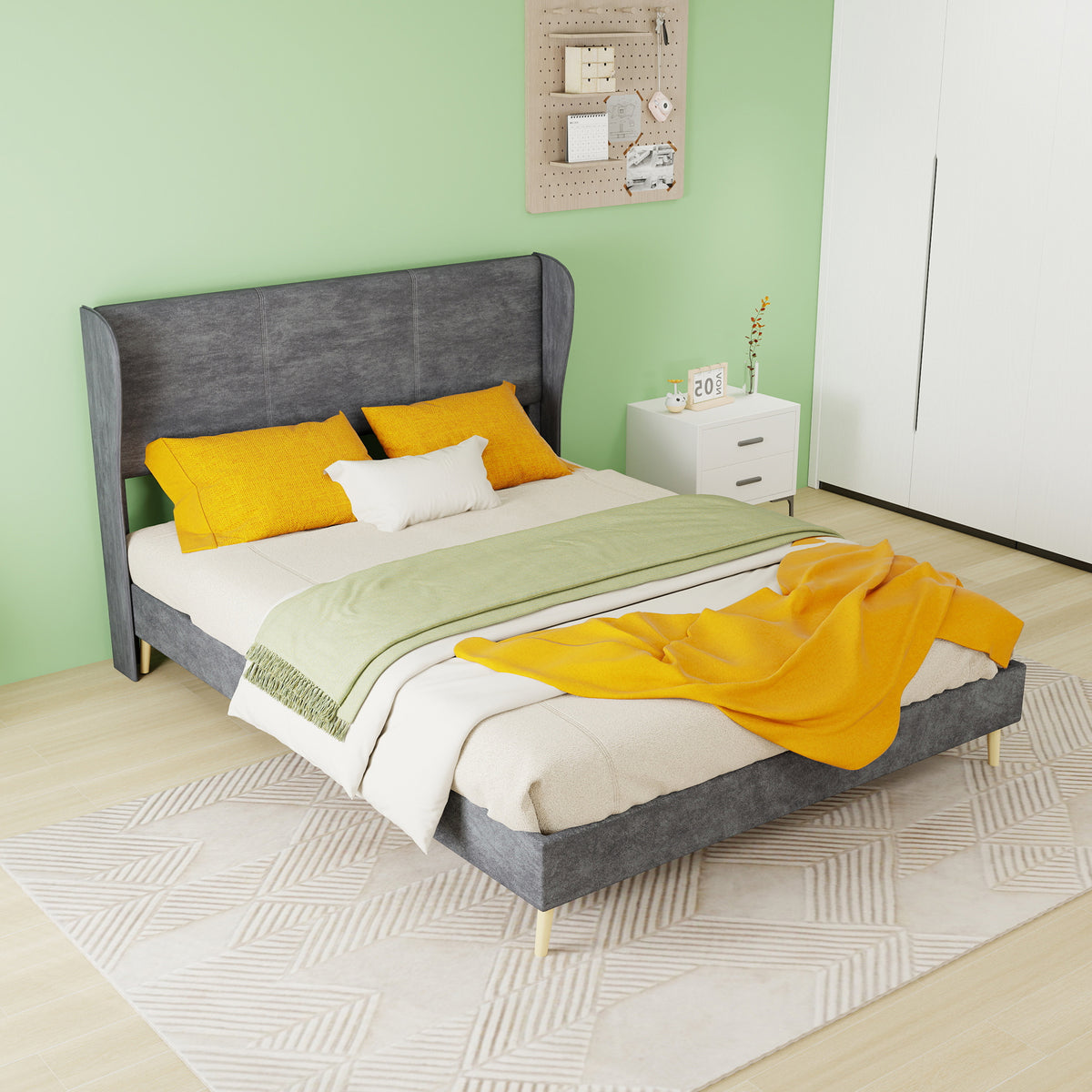 Modern Upholstered Bed with Mattress, 140x200 cm - Grey