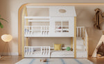 Bunk Bed, Storage Ladder House Bed with Safety Gate, Window & Roof, Pine+MDF White+Natural, 90x200cm